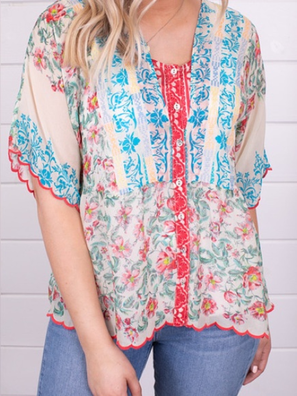 Johnny Was Amber Button Down Floral Top Medium Scallop Trim Flowy Bohemian Shirt